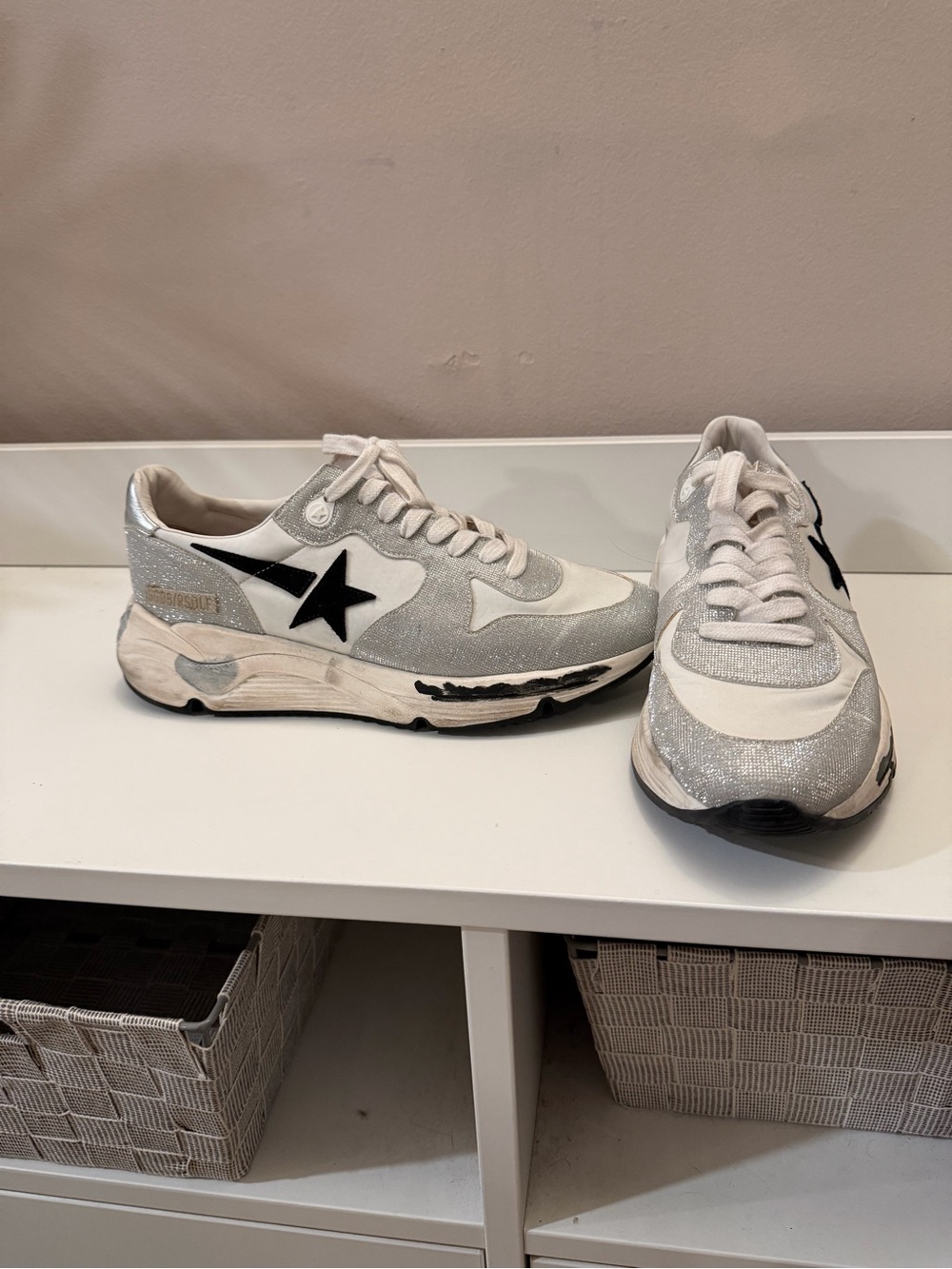 Golden Goose Running Sole Silver Glitter White Star Sneakers Distressed Trainer